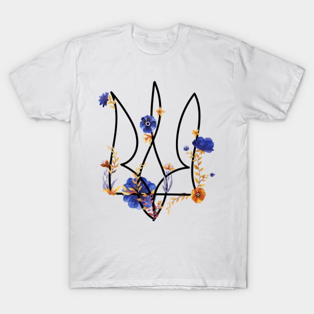 Ukrainian trident with watercolor flowers T-Shirt by Olga Berlet